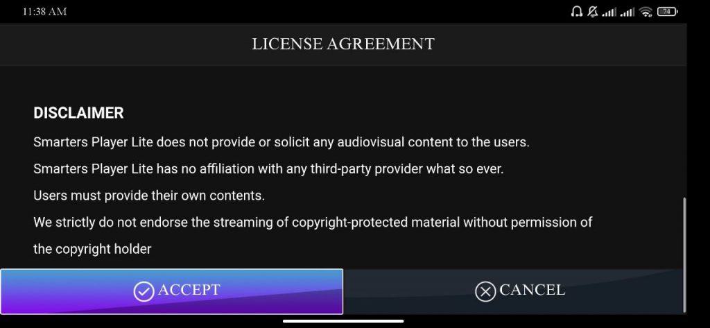 Screenshot from Smarters IPTV Player's license agreement