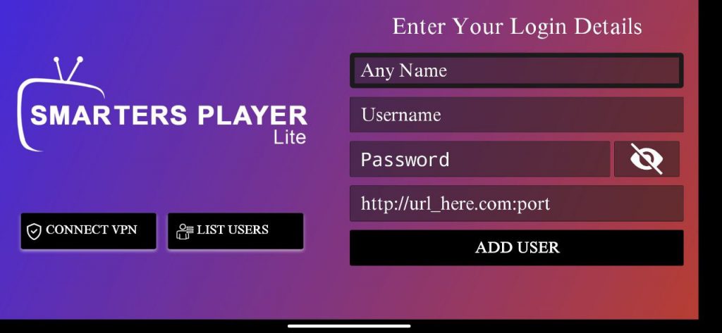 Screenshot from IPTV Smarters player lite log in page