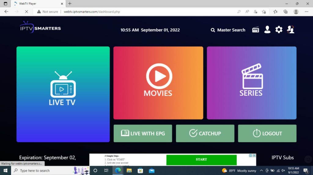 Screenshot from IPTV smarters browser player dashboard